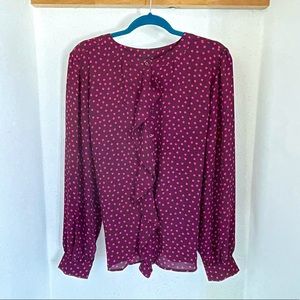 EUC XL Ann Taylor Pink Polka Dot Draped Ruffle Blouse
